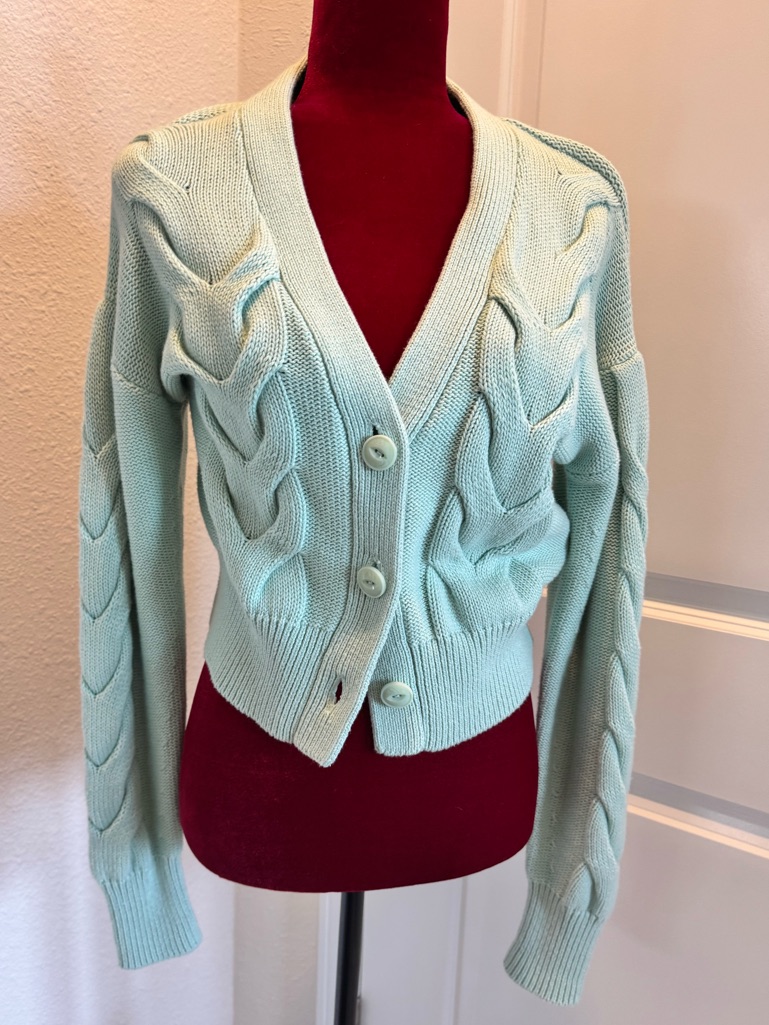 Rag & Bone Mint Green Baby Blue Cable Knit V-Neck Button Cardigan